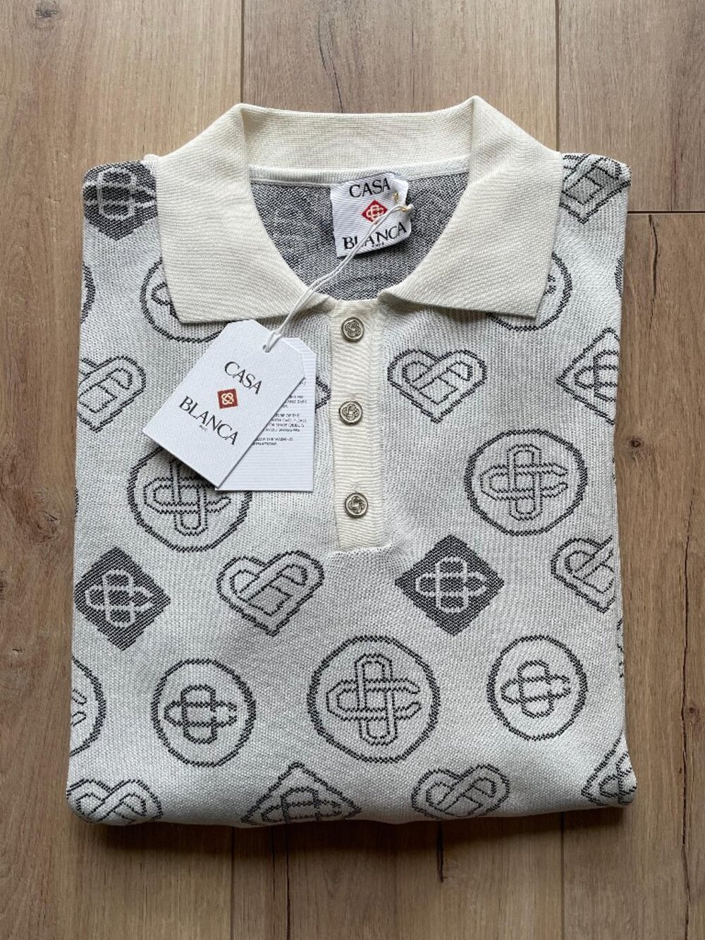 Casablanca Monogram Knit Polo Sweater Ivory Gray Long Sleeve Men's Size L